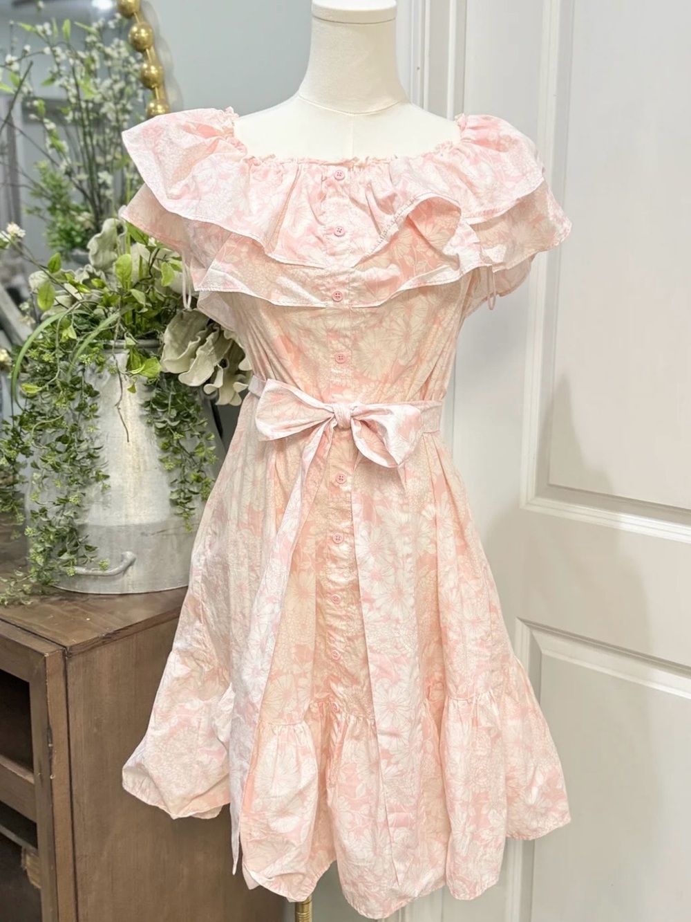 Lisa Marie Fernandez Pink Floral Ruffle Midi Dress with Self Tie Size Large